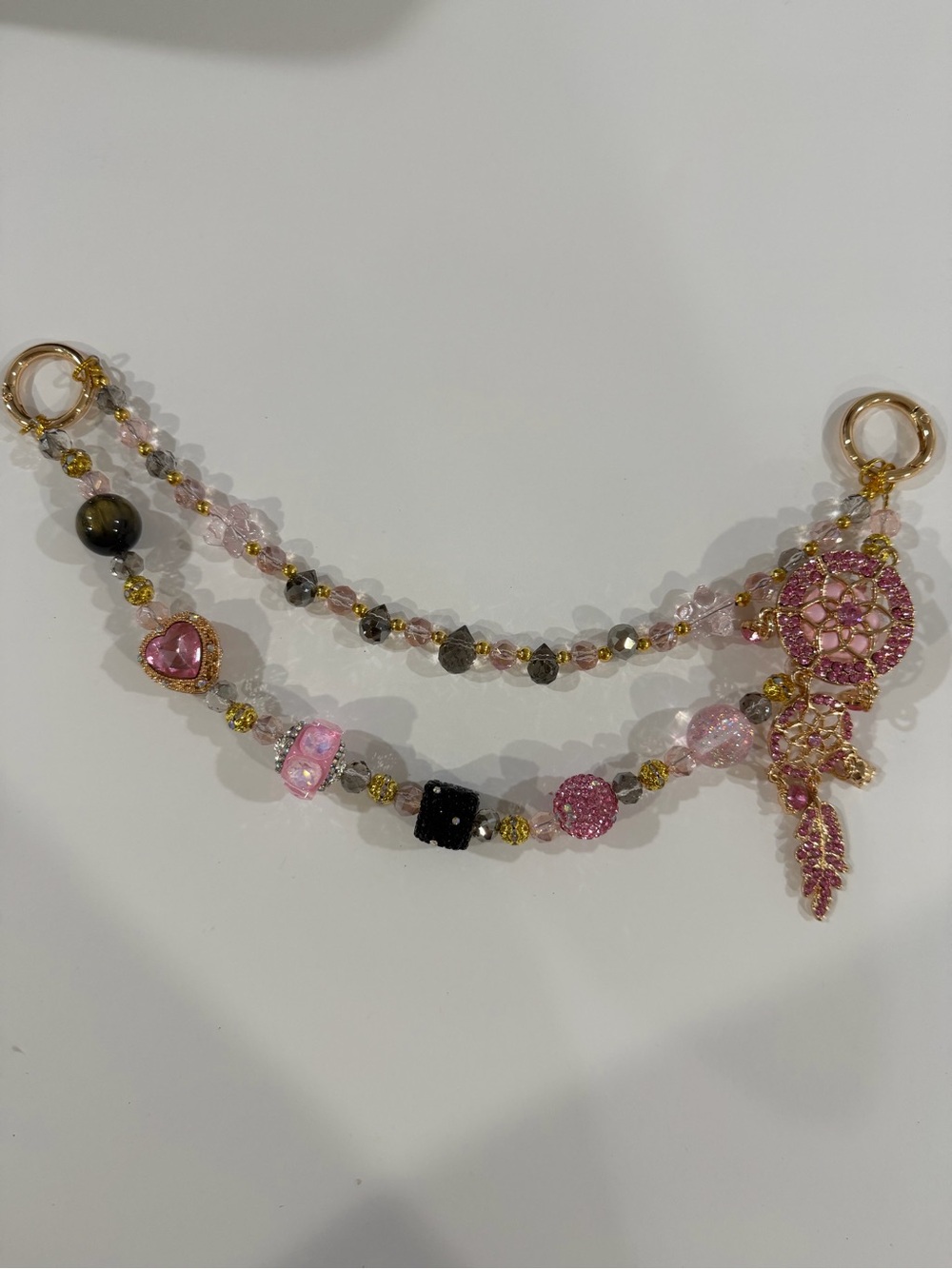 Pink Crystal Dreamcatcher Purse Charm Beaded Bag Chain Gold Tone